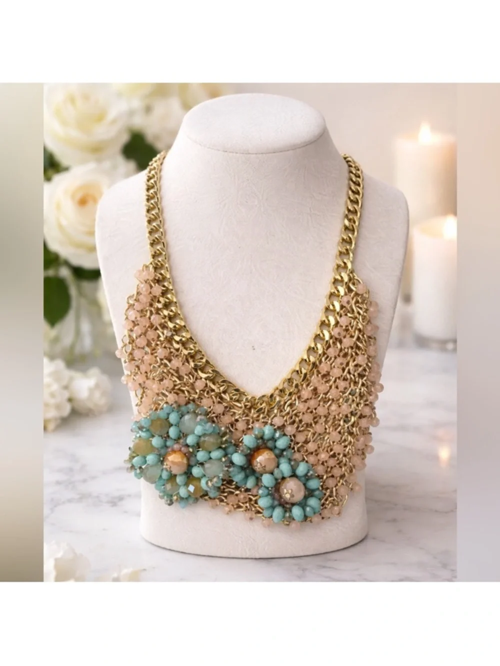 Gold Statement Necklace with Turquoise and Blush Pink Color Beads - Picture 2 of 12